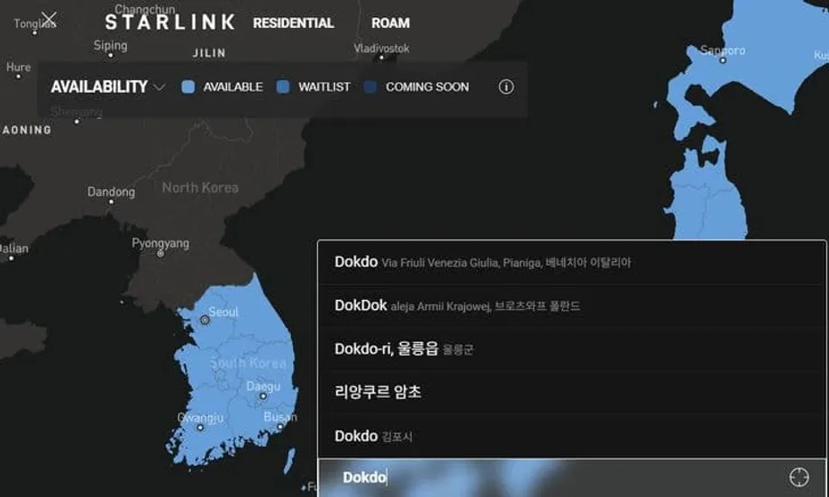 Mapa da Starlink na Coreia gera reação após Dokdo ser identificado como Liancourt Rocks